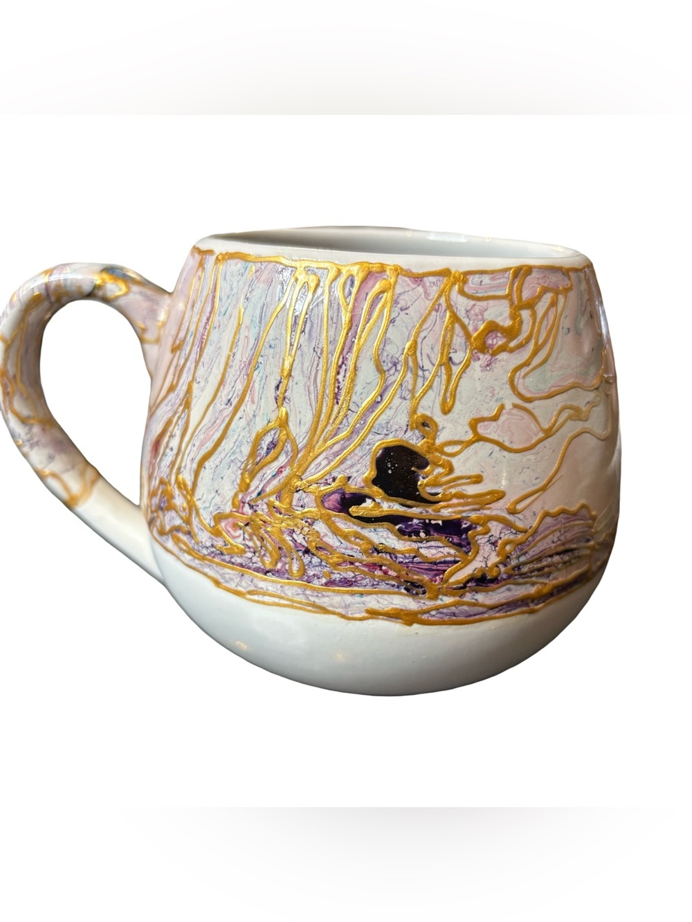 Artisan Hand-Painted "Floraly" Marbleized Mug - Gold Lustre Accents